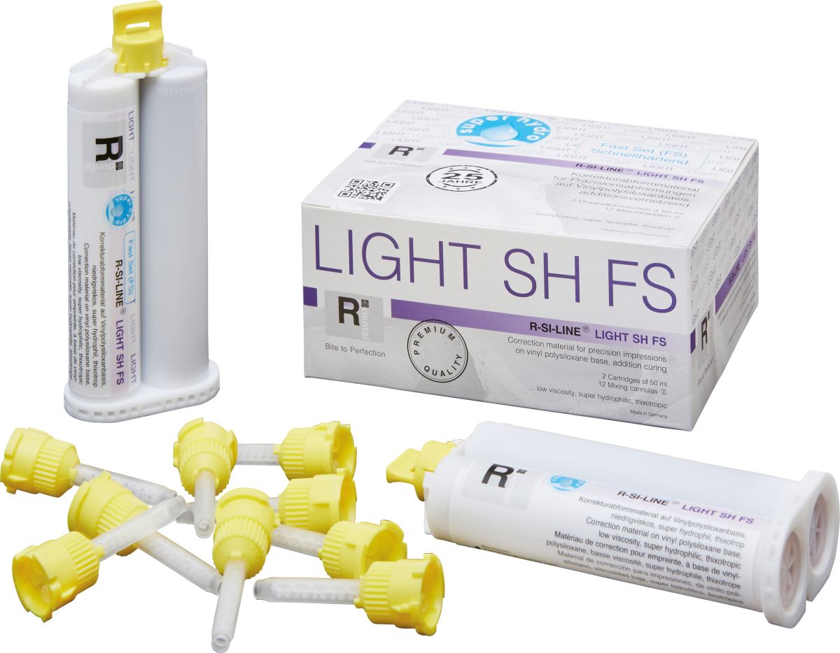 R-SI-LINE LIGHT SH FS Korrekturabformmaterial mit Verpackung und gelben Aufsätzen.