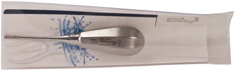 Wurzelheber LINDO-LEVIEN in Originalverpackung mit Zahnung und geradem Griff.