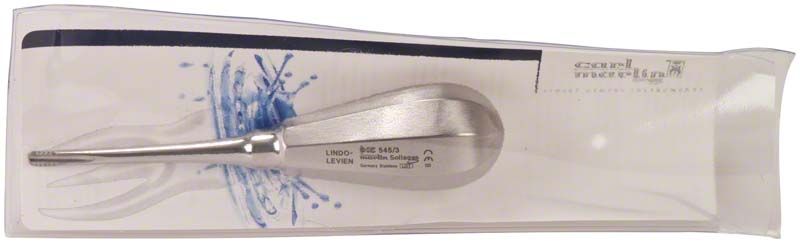 Wurzelheber LINDO-LEVIEN aus Edelstahl in Verpackung.