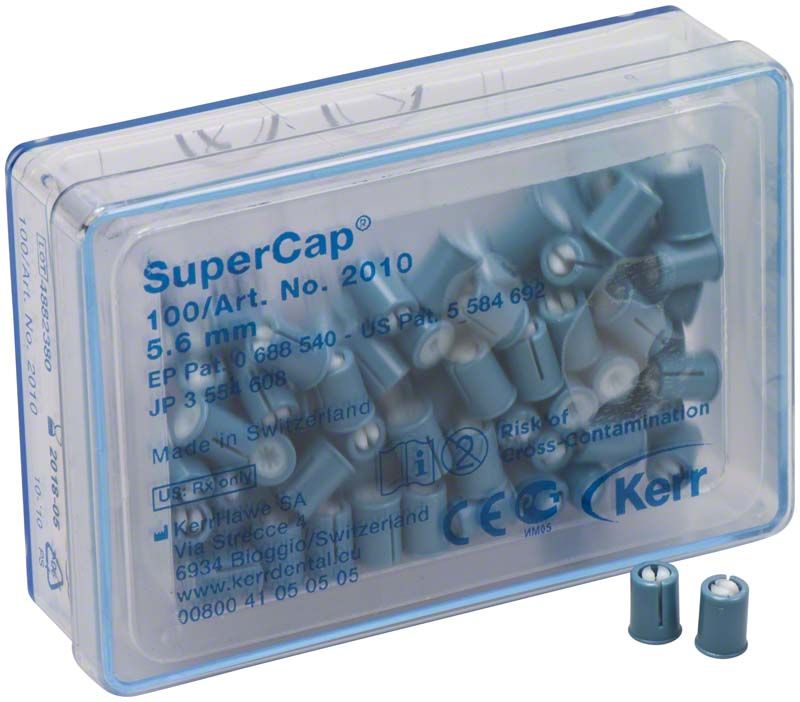 SuperCap™ Spulen 5,6mm 100er Packung mit blauen Kappen für Dentalmatrizen.