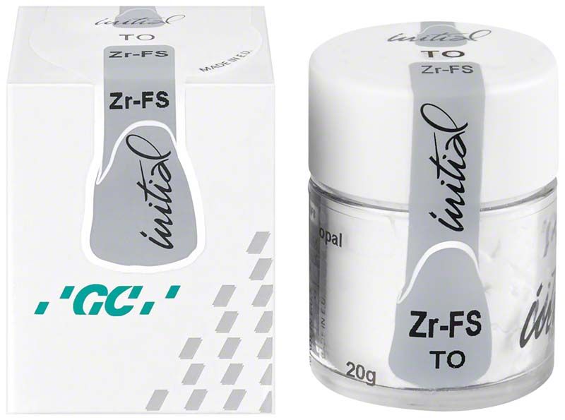 GC Initial Zr-FS Translucent 20g TO opal in Produktverpackung und Glasbehälter.