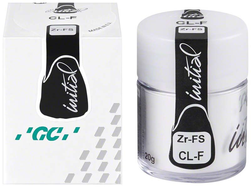 GC Initial Zr-FS Clear Fluorescence 20g Keramiksystem mit Verpackung und Tiegel.