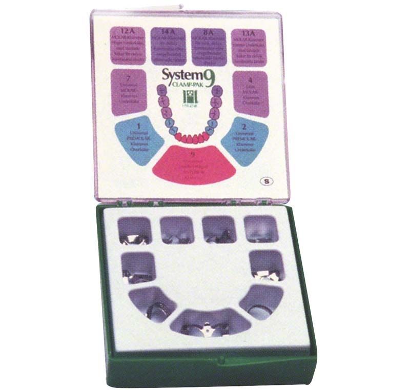 Hygenic System 9 Flügelklammernset in geöffneter Verpackung mit Anwendungsdiagramm.