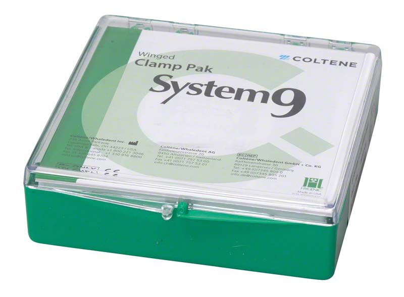 Kunststoffbox des Hygenic System 9 Flügelklammernsets mit Produktinformationen.