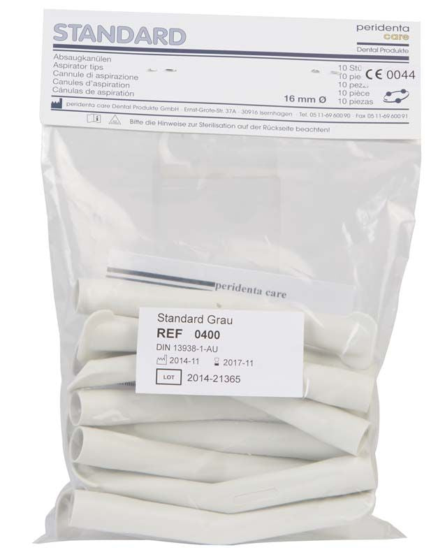 Absaugkanülen Standard in grauer Verpackung, 10 Stück, für Dentalgebrauch.