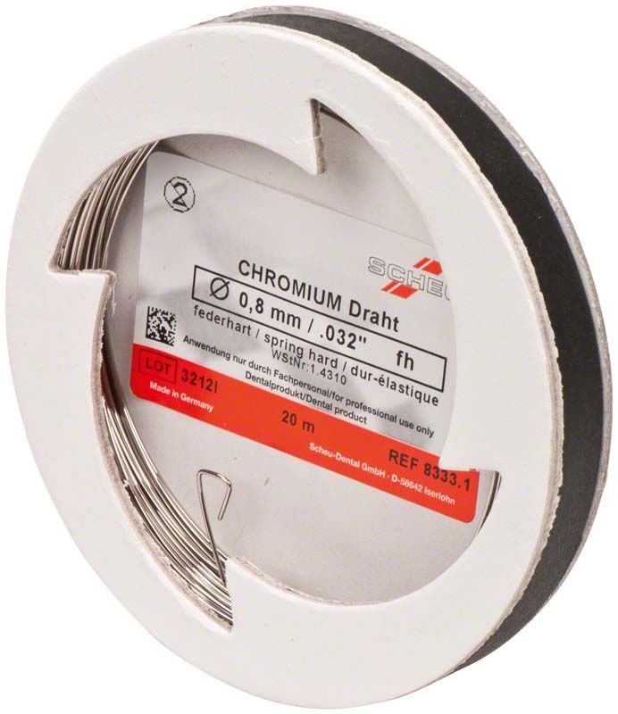CHROMIUM Spulendraht 0,8mm federhart auf Kunststoffspule mit Etikett.