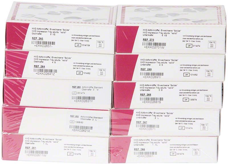 Abformlöffel solide glatt OK/UK Verpackungen mit Produktinformationen.