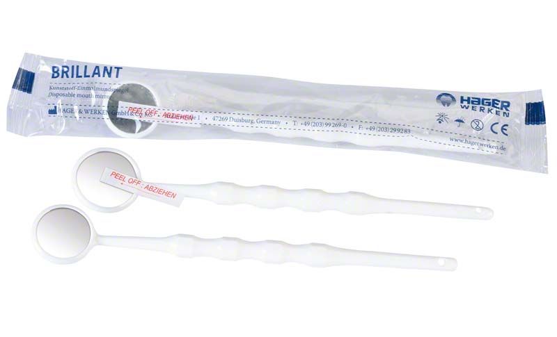 Einmalmundspiegel aus weißem Kunststoff mit Schutzfolie und Verpackung.