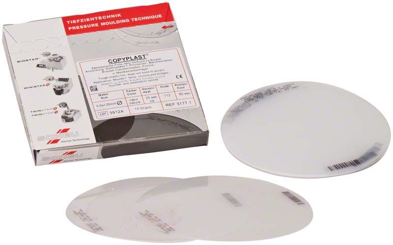 COPYPLAST® Tiefziehfolien, 10 Stück, opake runde Scheiben auf weißem Hintergrund.