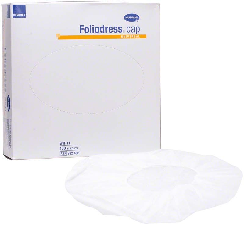 Universelle weiße Foliodress® Cap Baretthaube mit Verpackung.