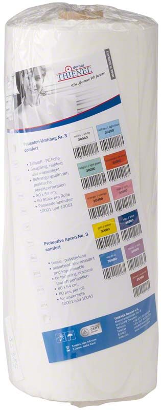 Patientenumhang Nr.3 weiß, hygienisch verpackt, auf Rolle mit Produktdetails.