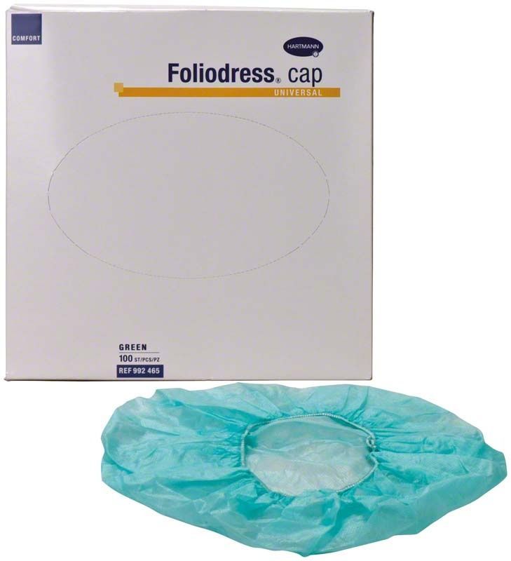 OP-Haube Foliodress Cap Comfort universal neben der Produktverpackung.