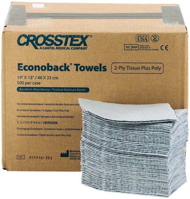 Crosstex Patientenservietten silbergrau im Economypack vor Verpackung.