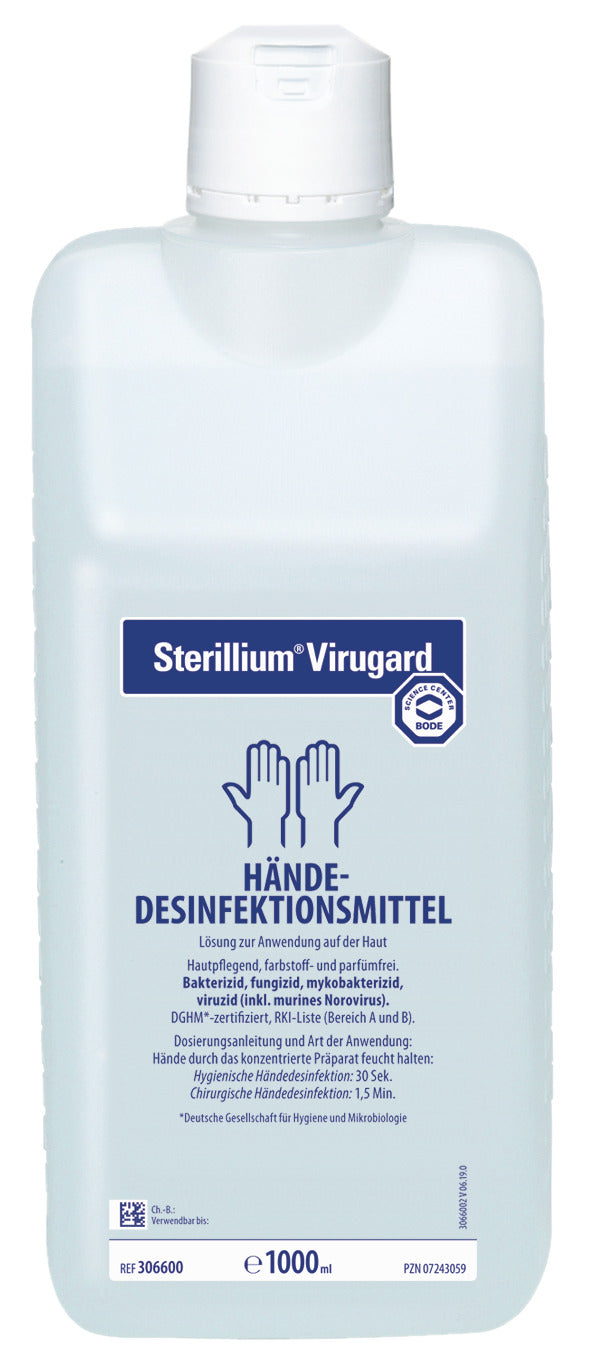 Sterillium Virugard Händedesinfektionsmittel 1 L Flasche mit blauer Etikettaufschrift.