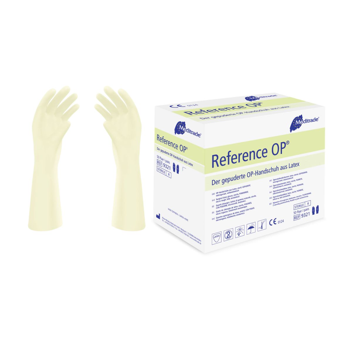 Gepuderte Latex-OP-Handschuhe neben der Produktverpackung.