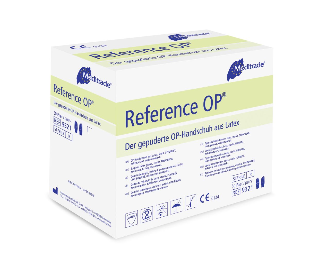 Verpackung der gepuderten Latex-OP-Handschuhe Reference OP® Gr. 8,5 von Meditrade.