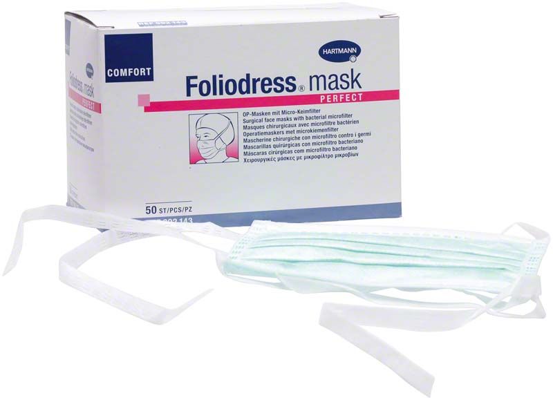 Foliodress® Mask Comfort Perfect in weißer Verpackung mit 50 OP-Masken.