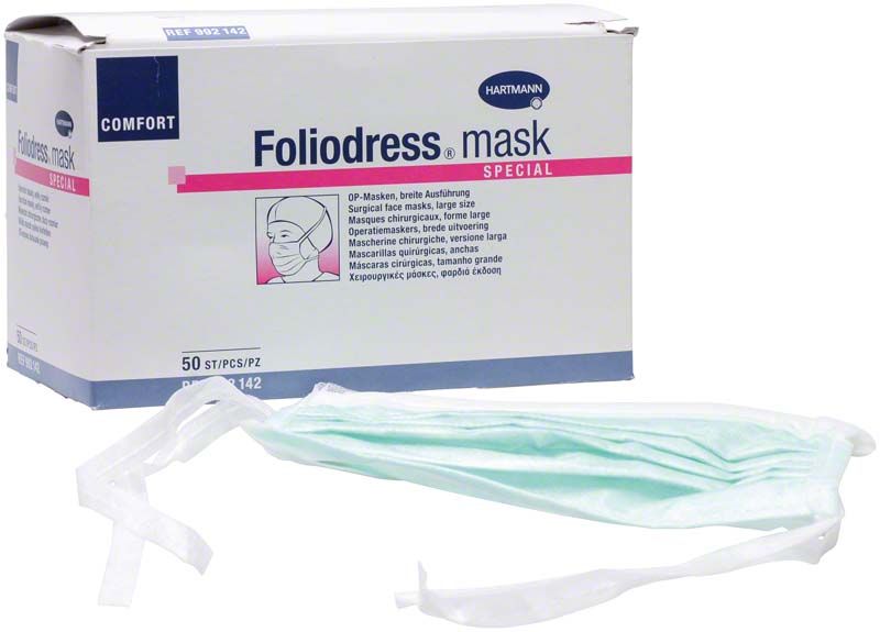 Verpackung der Foliodress® Mask Comfort Special mit grüner Einwegmaske.