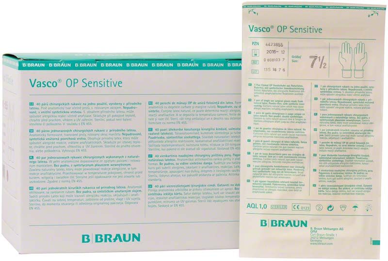 Verpackung von Vasco OP Sensitive Handschuhen, Größe 7½, mit Anweisungen.