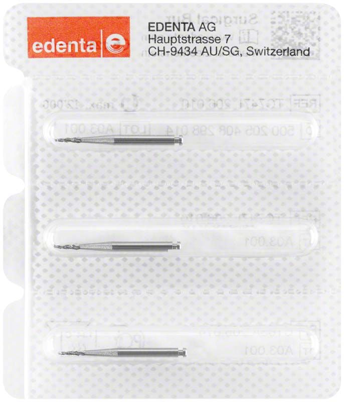 Blisterverpackung mit drei Knochenfräsern C163A 014 RAL von Edenta.