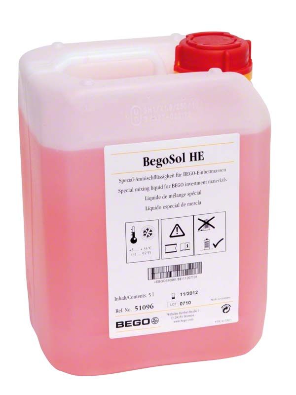 Spezial-Anmischflüssigkeit BegoSol® HE in 5-Liter-Kanister mit rotem Verschluss.