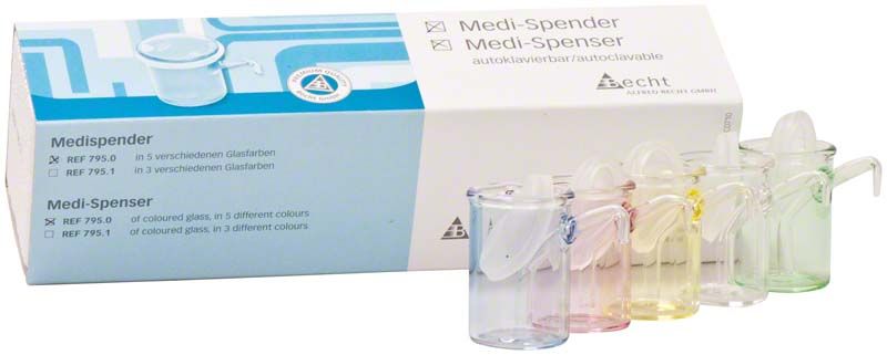 Medi-Spender-Gläschen Satz mit 5 farbigen Silikon-Membran-Gläsern.