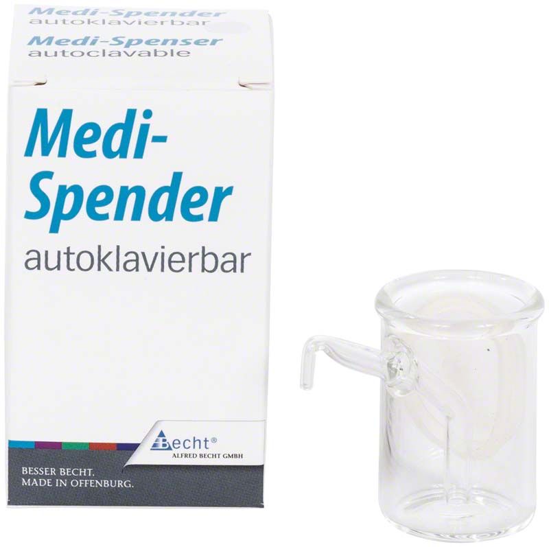 Medi-Spender-Gläschen klar neben Verpackung mit Produktinformationen.