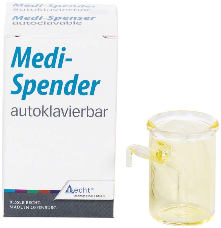 Medi-Spender-Gläschen gelb vor Verpackung mit Beschriftung "autoklavierbar".