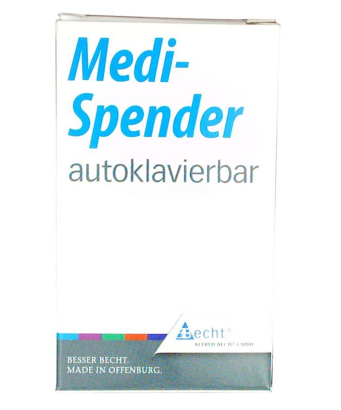 Medi-Spender-Gläschen in weißer Verpackung mit blauer Aufschrift.
