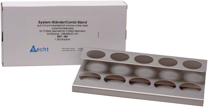 System-Ständer aus Edelstahl für 5 Medi-Spender-Gläschen mit Verpackung.