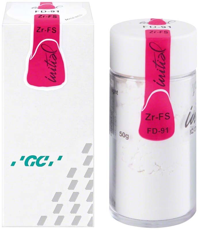 GC Initial Zr-FS Fluo-Dentin 50g FD-91 in weißem Behälter mit Verpackung.