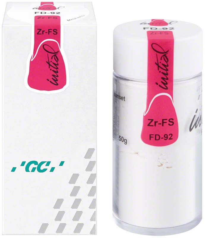GC Initial Zr-FS Fluo-Dentin 50g Flasche neben Verpackung.