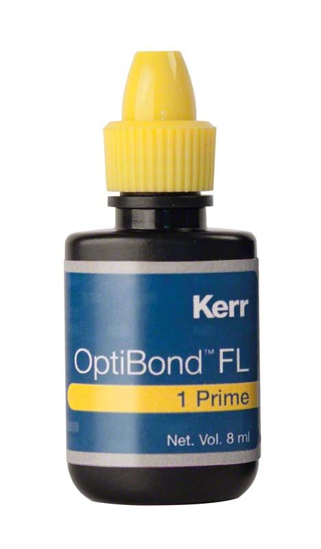 Optibond FL Primer-Flasche mit gelbem Tropfverschluss, Kerr-Logo sichtbar.