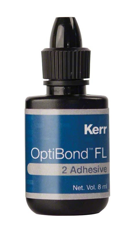 Optibond FL Adhäsivflasche mit blauem Etikett, 8 ml Volumen.