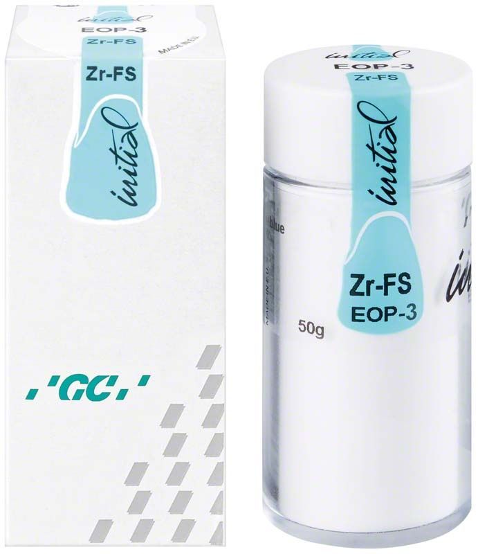GC Initial Zr-FS Enamel Opal 50g EOP3 in weißer Verpackung und Behälter.