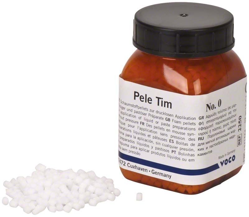 Schaumstoffpellets für zahnärztliche Anwendungen in brauner Flasche.