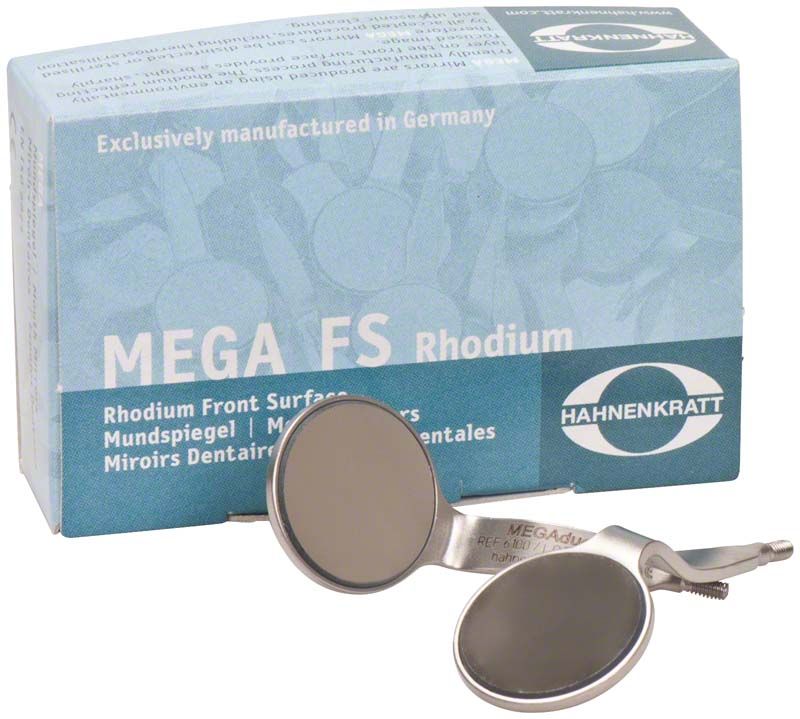 Zahnärztlicher Rhodium Mundspiegel mit Doppelspiegel vor Verpackung.