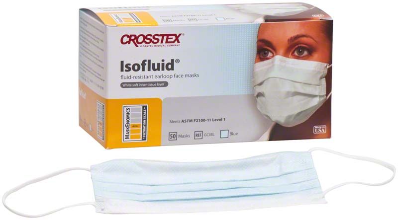 Einmal-Mundschutz Isofluid™ mit Ohrschlaufen und Verpackung in Blau.