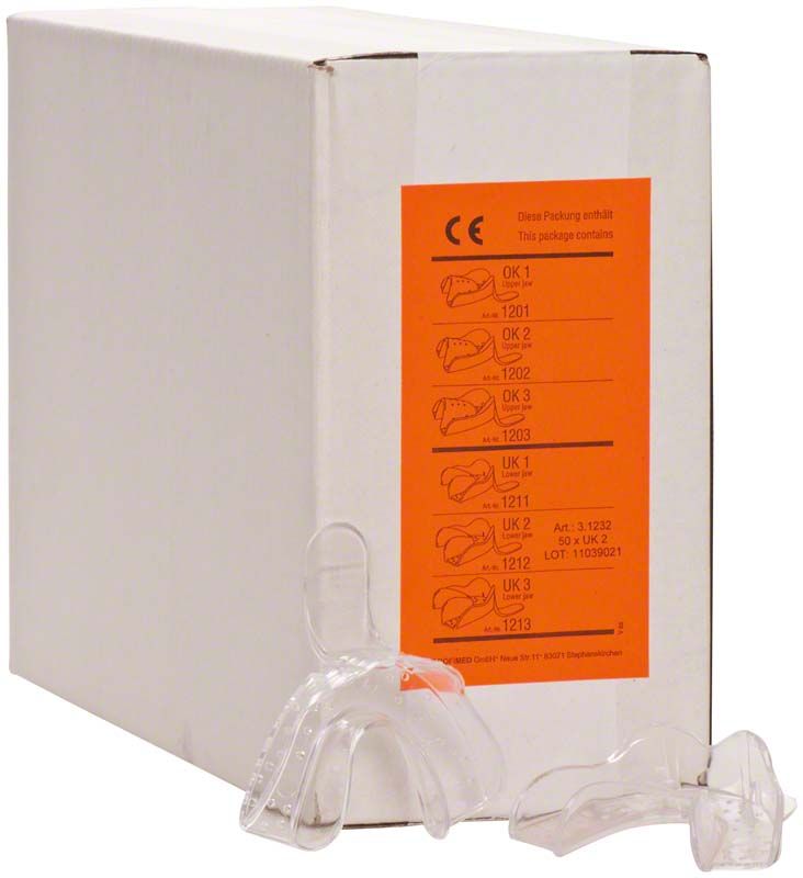 OPTI-TRAY Einmal-Abdrucklöffel Unterkiefer, Gr. 2, vor Verpackung.