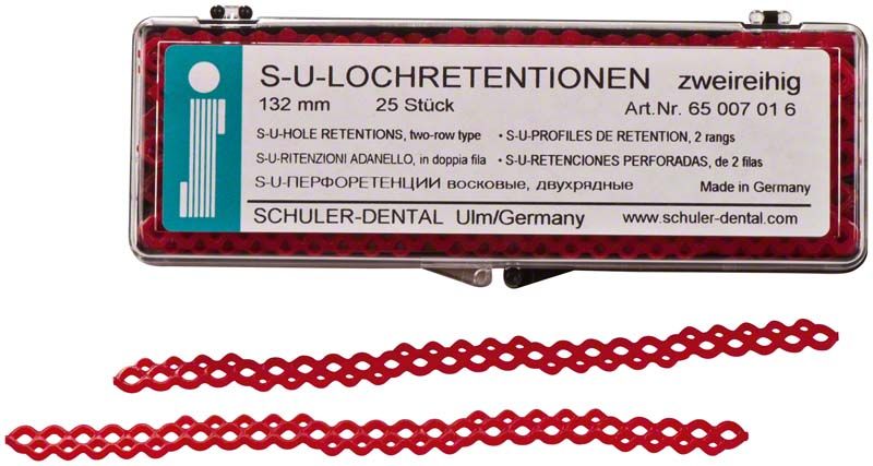 Rote S-U-Lochretentionen zweireihig in Kunststoffverpackung von Schuler-Dental.