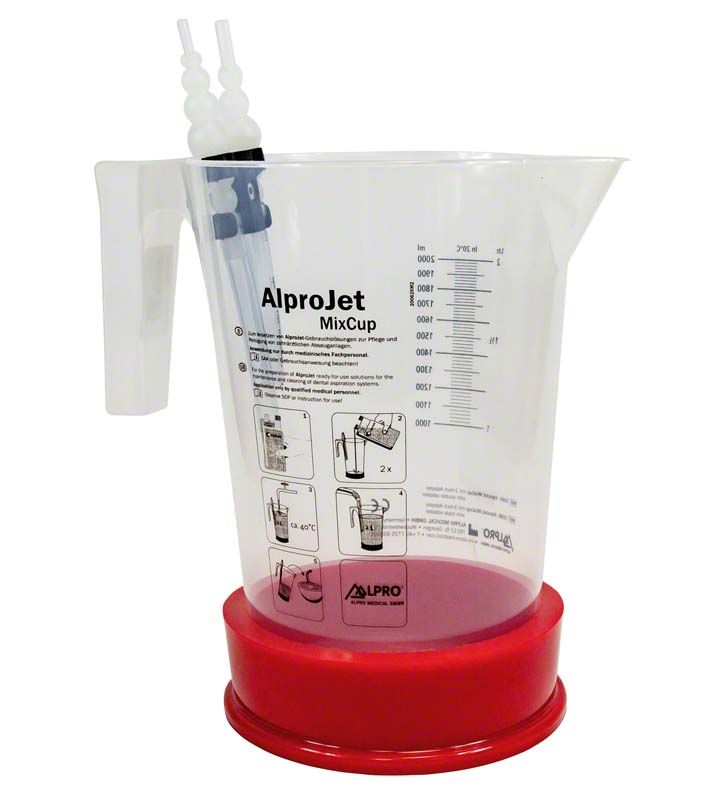 Alprojet MixCup mit Skala und rotem Standfuß für dentale Absauganlagen.