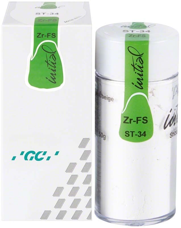 GC Initial Zr-FS Shoulder Transparent 50g, Verpackung und Behälter mit grünem Etikett.