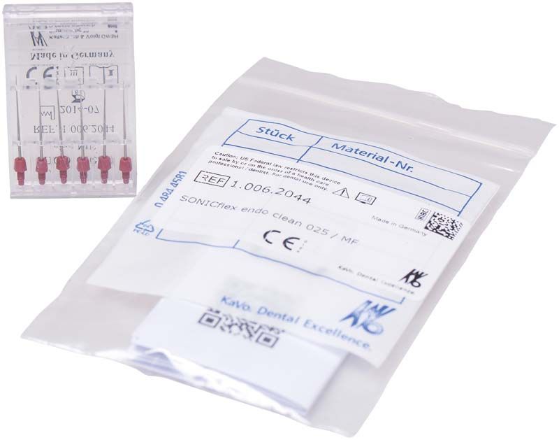Verpackung der SONICflex endo clean Nadeln Gr. 025 mit Etikett und Barcode.