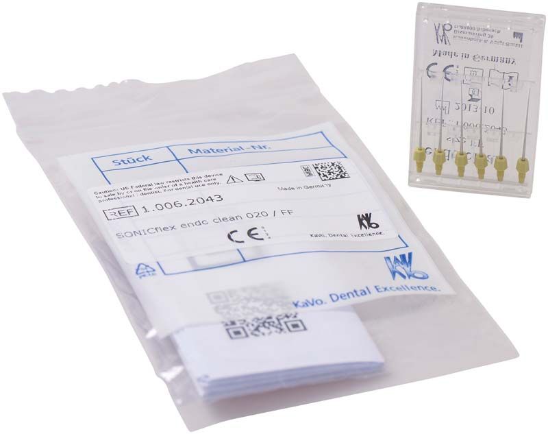 Sterile Verpackung von SONICflex endo clean Nadeln mit Etikett und Produktinformationen.