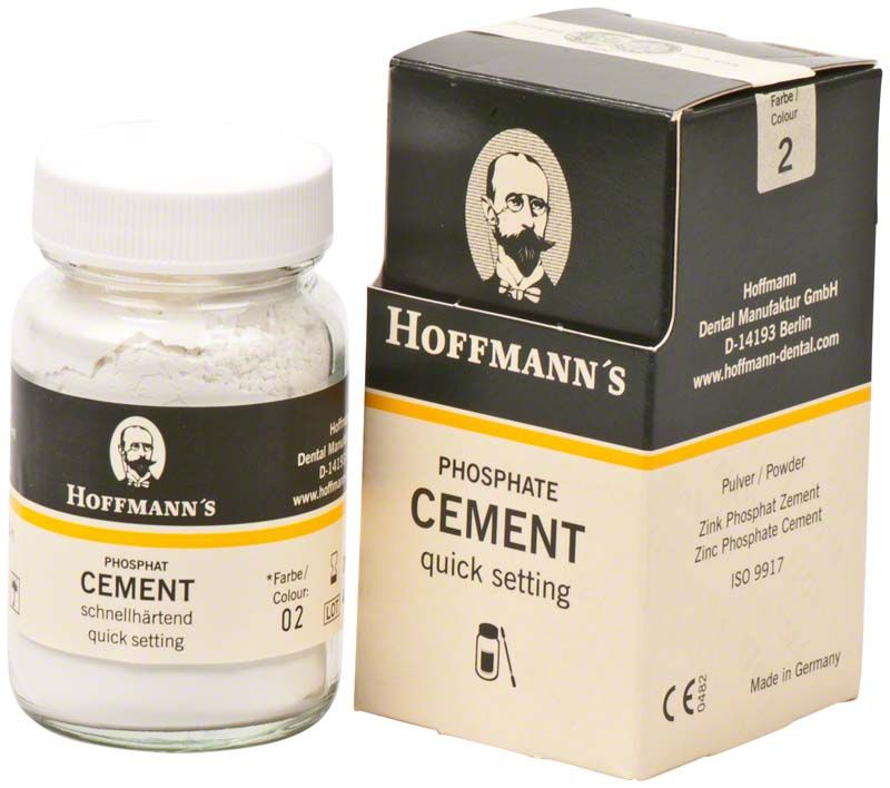 Hoffmann's Phosphate Cement 100g Pulver in Glasbehälter und Kartonverpackung.