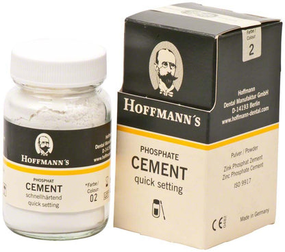 Hoffmann's Phosphate Cement 100g Pulver in Glasbehälter und Kartonverpackung.