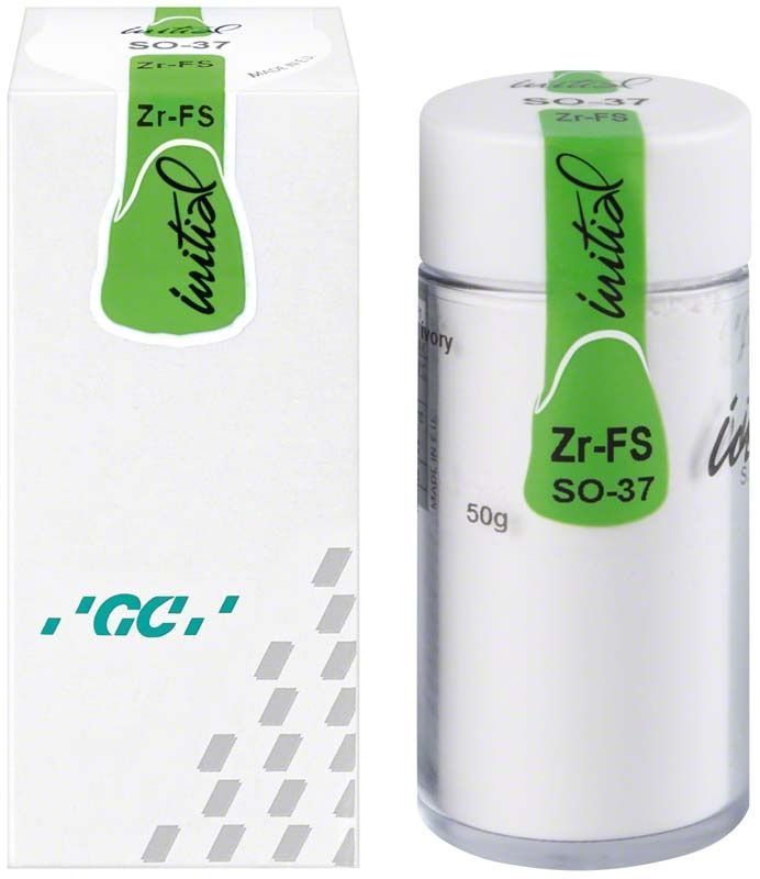 GC Initial Zr-FS Shoulder Opaque 50g Dose und Verpackung mit grünem Etikett.