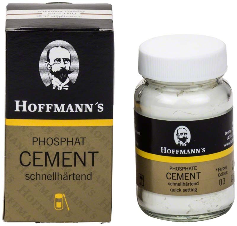Hoffmanns Phosphat Cement Pulver schnellhärtend Nr. 3 mit Verpackung und Glasbehälter.