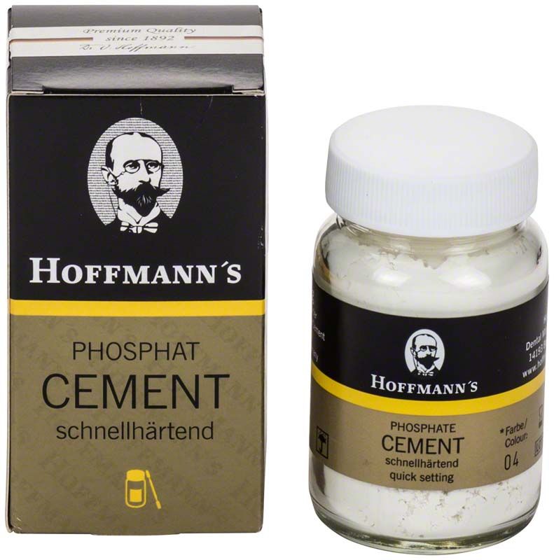 Hoffmanns Phosphat Cement Pulver schnellhärtend Nr. 4 mit Verpackung und Glasbehälter.