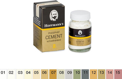 Hoffmann´s Phosphat Cement schnellhärtend, 100g Pulver im Glasbehälter und Verpackung.
